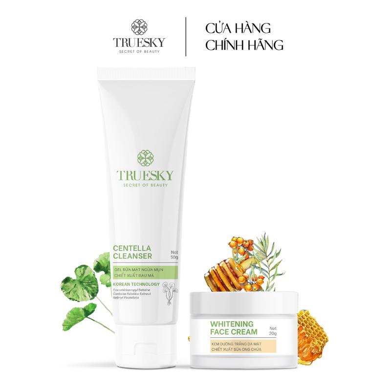Bộ sản phẩm dành cho da mụn Truesky gồm 1 kem dưỡng trắng da mặt 20g + 1 gel rửa mặt rau má 50g