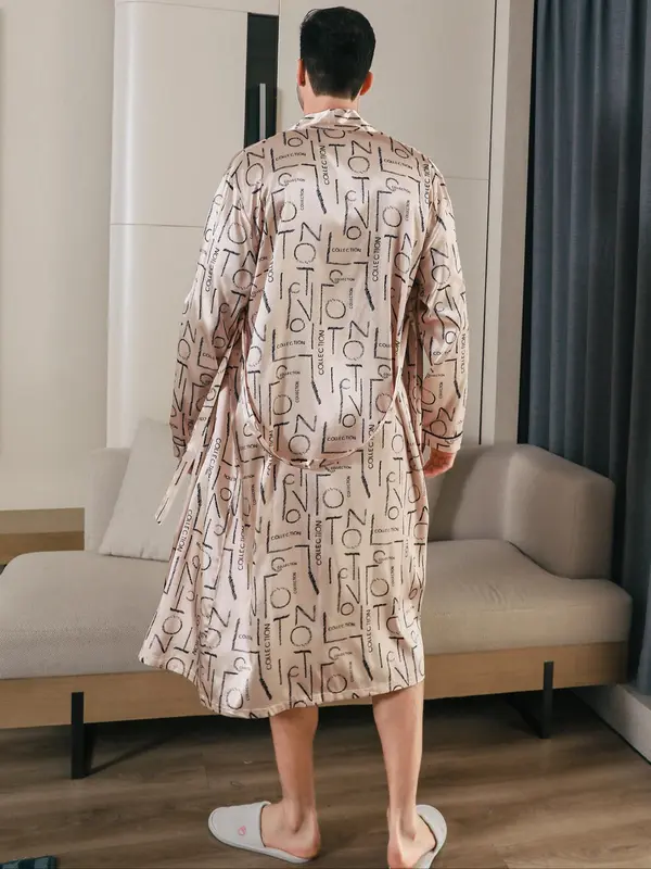 Men's Regular Fit All Over Print Satin Robe with Waist Belt Design, Casual Long Sleeve Shawl Collar Satin Dressing Gown for Summer, Fashion Men's Sleepwear 4