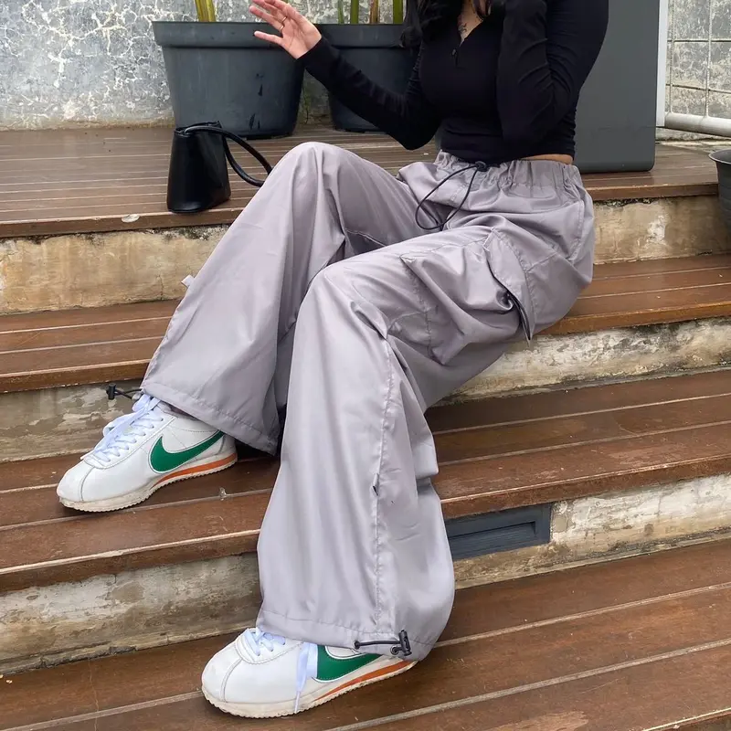 AIGO - celana cargo parasut panjang streetwear unisex Santai Karet Serut Wanita Kulot Jogger 2
