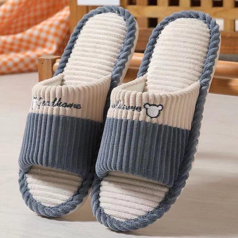 ￼Dép Đi Trong Nhà Mùa Đông , Dép Vải Lanh Kẻ Ngang Đế Cao Su Chống Trơn Trượt Thời Trang DéP Dép Lê Slipper Jean Hoa Nữ Có Quai 5