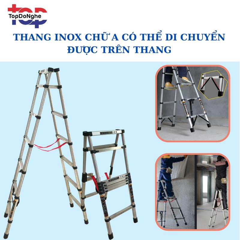 Thang nhôm inox chữ A di chuyển được 1m7 và 2m rút gọn và gọn nhẹ