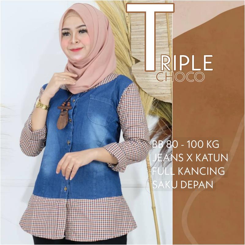 ATASAN WANITA MODEL JEANS KOMBINASI KOTAK UNTUK BB 40 - 100 KG ALL REAL PICT 5