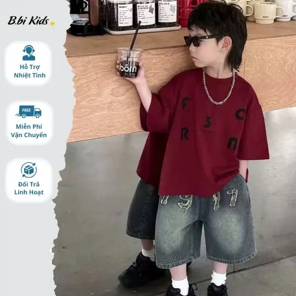 Set bộ cho bé trai  SB25_05 áo thun cotton quần short jean mềm phong cách đường phố cá tính năng động