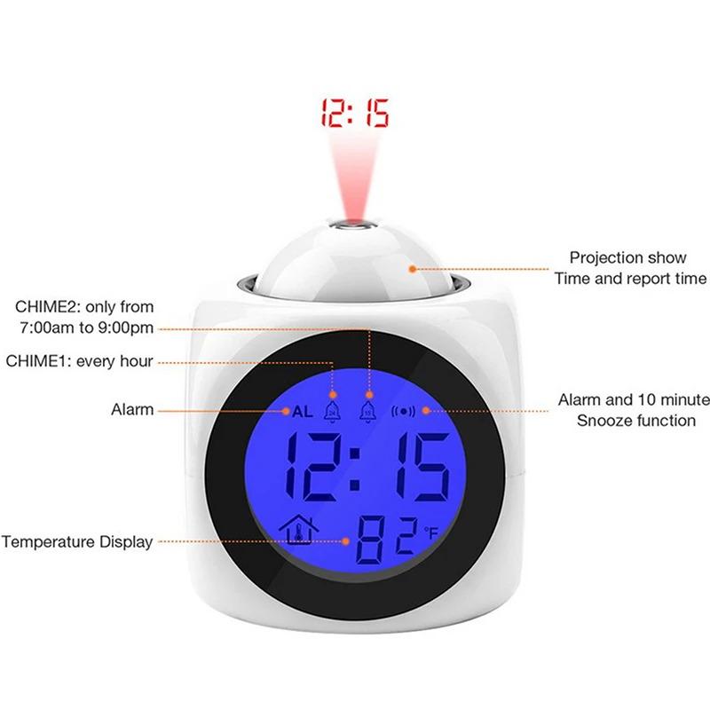Product Introduction of Creative LCD Digital Projection Laser Alarm Clock Display Voice Report Time Temperature Snooze Function Home Decor Table Clock Light Switch 24