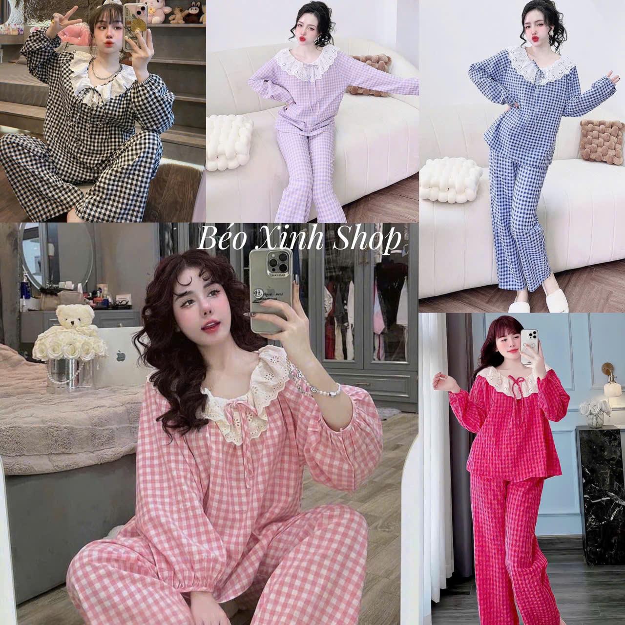 Đồ Bộ - Đồ Ngủ Tay Dài Quần Dài Vải Đũi Xốp Cotton Pijama Bigsize 50-100kg Bộ Ngủ Nữ Áo Ngủ Women Quần Ngủ - A.5628
