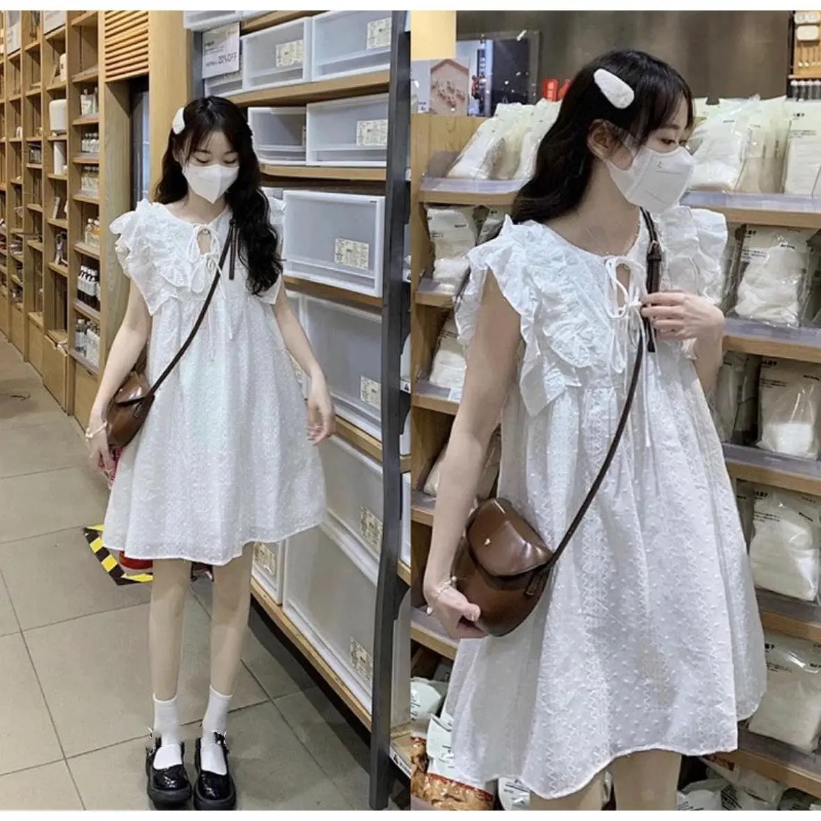 Váy - Đầm babydoll dáng xoè ngắn phối bèo vai cánh tiên xinh xắn đáng yêu