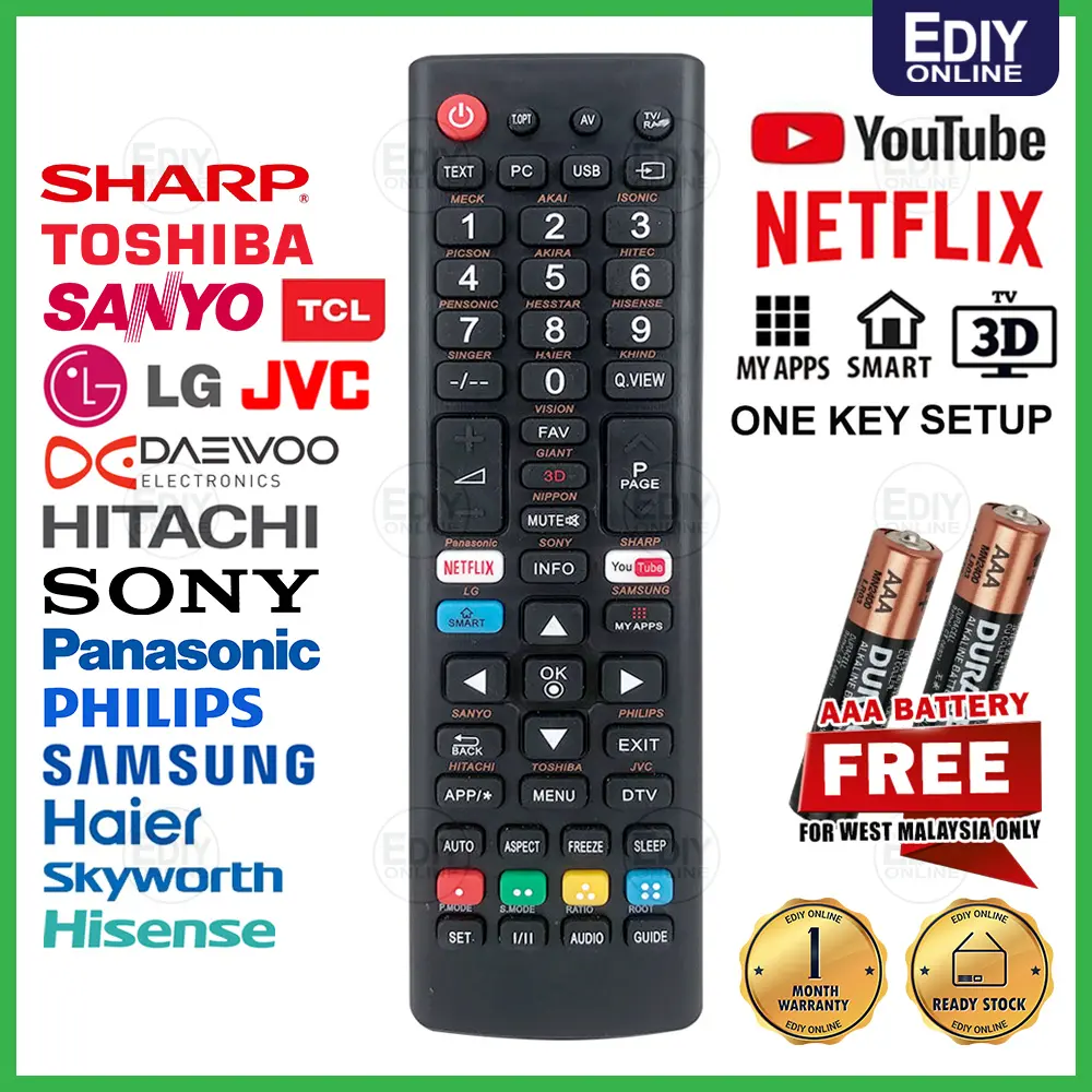 【FREE BATTERY AAA X2】 RM-L1376M L1376M ASIA MALAYSIA UNIVERSAL BRAND SMART TV LCD LED NETFLIX YOUTUBE REMOTE CONTROL Daewoo Sanyo Hitachi Toshiba Isonic Hitec Pensonic Hisense Haier Singer Akai vision