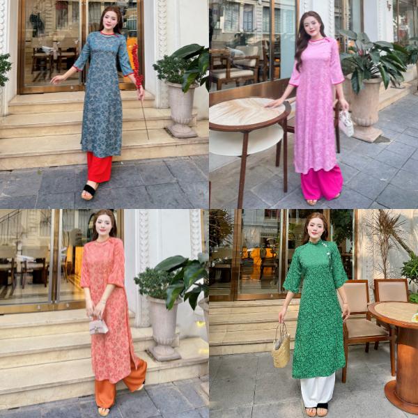 AODAIVN Áo dài cách tân Gấm cánh tiên nhiều màu dành cho nữ, cổ tròn tay lỡ áo dài cách tân may sẵn mặc tết Women Dress  trang phục truyền thống đen đính nơ cúc Kem Nhung