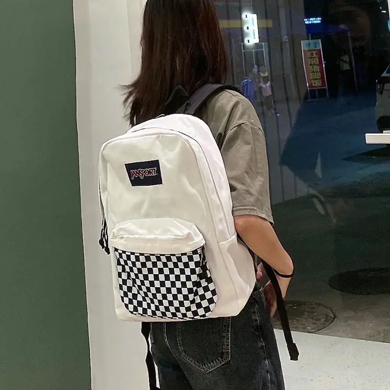 ☄ ۞ ✸    JanSport jess  blue black and white checkerboard backpack backpack tide male and female college students wind bag