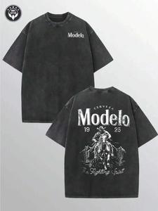 Camiseta para hombre con estampado de letras y vaquero, cuello redondo, corte regular, moda urbana casual, manga corta para uso diario, ropa de verano para hombre, top
