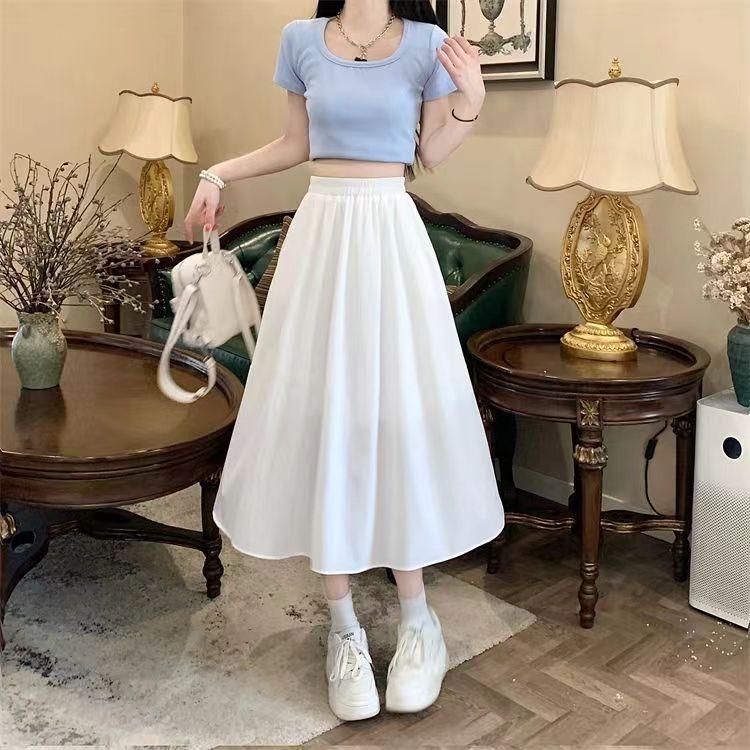 Váy Xếp Ly Cổ Điển Màu Trắng, Ngoại Cỡ Cho Nữ, Váy Mùa Hè, Cạp Cao, Xếp Ly Chữ, Lớn, Che Bụng, Mỏng Women 1