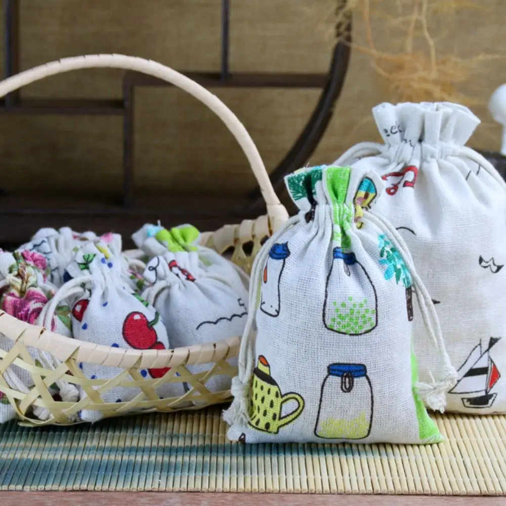 Multi-functional Mini Drawstring Linen Pouch Cartoon Sachet Packaging Coin Purse Flower Whale Jewelry Storage Bag Gift Bag