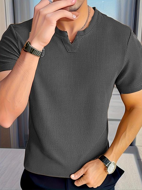 Men's Regular Fit Plain Notched Neck Waffle Knit Tee, Casual Short Sleeve T-shirt for Summer, Clothing, Men's Top for Daily Wear 3