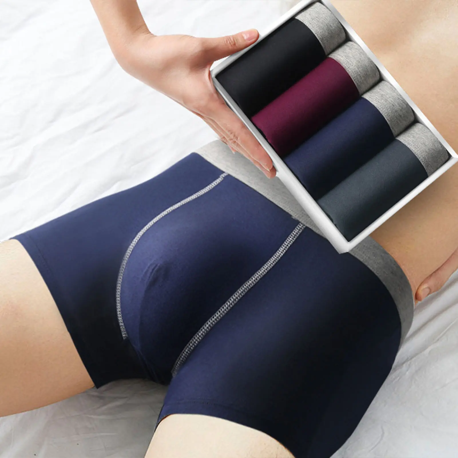 [Honbata] Men Underpants Contrast Color Moisture-wicking Plus Size Mid Waist Loose-fitting Boxer Briefs for Daily Wear