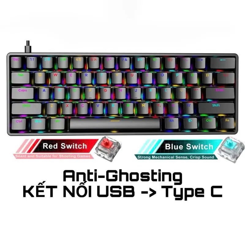 Bàn phím cơ BD61 phím red switch và blue switch, led rainbow nhiều chế độ led chuyên dụng dành cho chơi game