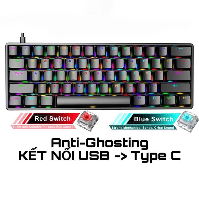 Bàn phím cơ 64 phím red switch và blue switch led rainbow nhiều chế độ led chuyên dụng dành cho chơi game