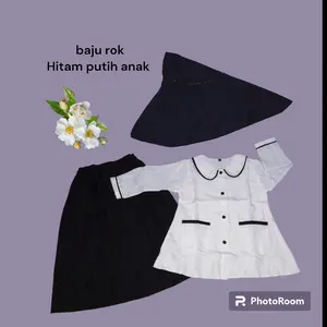 set baju rok hitam putih +hijab anak perempuan SD madrasah Katun Polos Hitam Putih Seragam