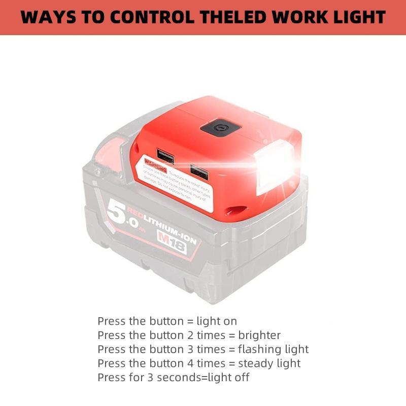 Product Introduction of Battery Adapter for Milwaukee 18V Lithium Ion Battery, Battery Adapter with DC Port & LED Work Light & Dual USB Ports, for Milwaukee 49-24-2371 M18 Power Source 39