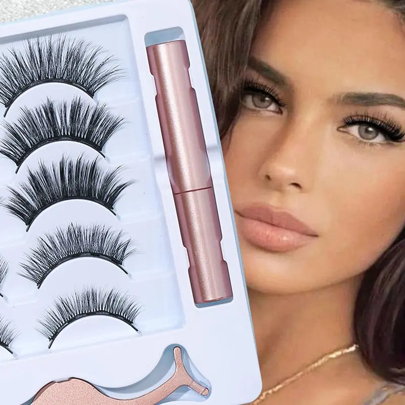 Eyelashes with Magnetic Eyeliner Kit, Professional Eye Makeup Products Including 5 Pairs Faux Cluster Eyelashes & 2 Magnetic Eyeliner & 1 Eyelash Tweezers, DIY 2