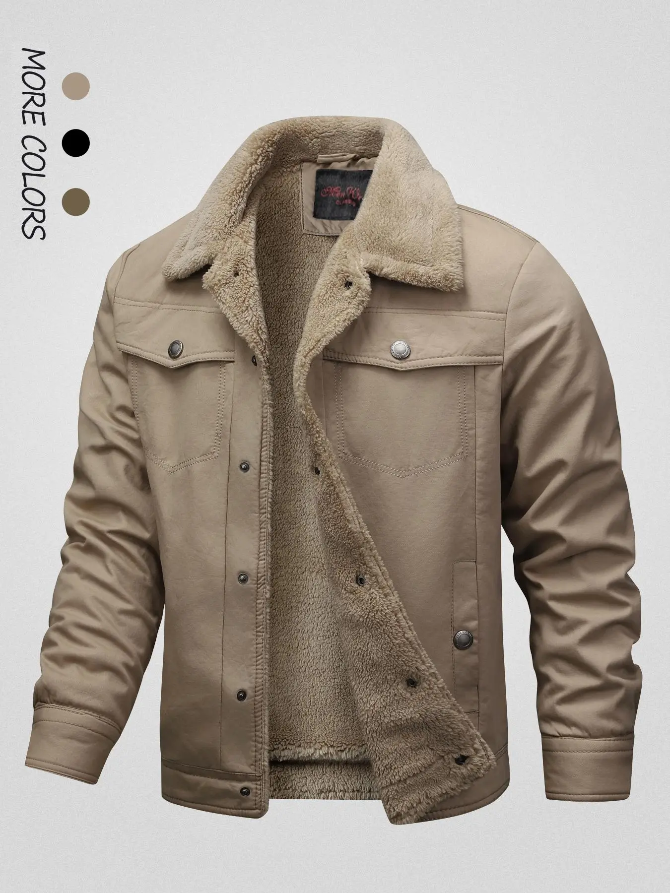 Men's Solid Button Front Pocket Fleece Jacket, Regular Fit Casual Long Sleeve Thermal Lined Collared Outerwear for Winter, Men's Clothes for Daily Wear, Jackets for Men