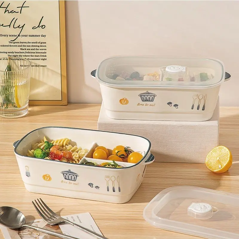 Ceramic Fresh-Keeping Bento Box Fresh Lunch Box Bring Lunch Box Divided Fresh-Keeping Box Divided Bento Box Bring 211 Lunch Box Sealed Refrigerated Box 211 Meal Box 3 Grids Box