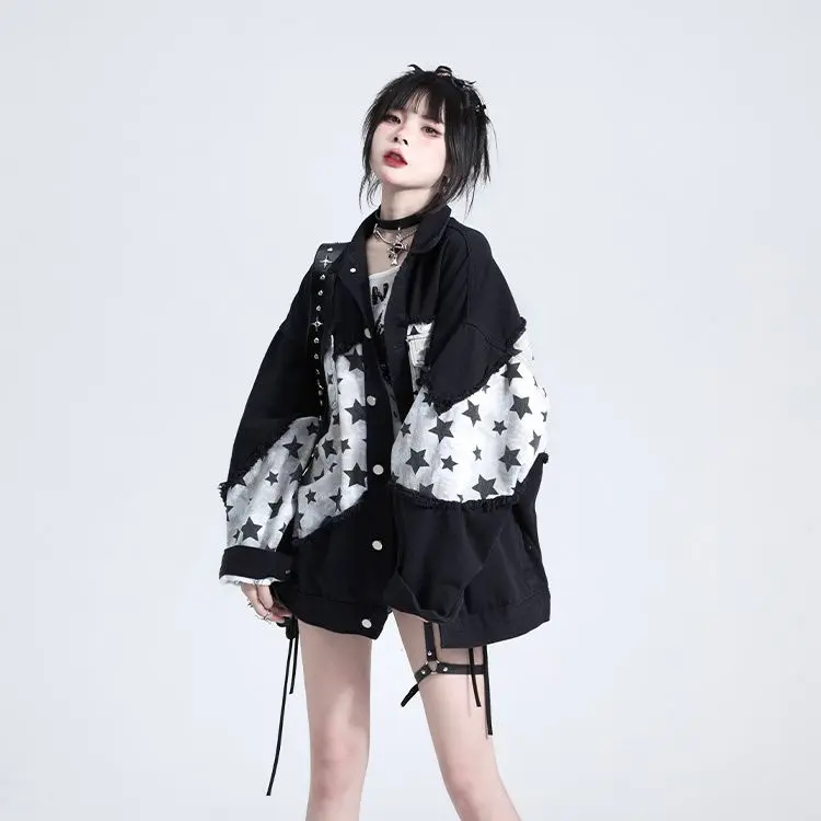 Áo Khoác Denim, Màu Đen, Dành Cho Nữ, Phong Cách Cổ Điển Mỹ Ngọt Ngào Và Ngầu Ins Hợp Xu hướng, Khâu, Dáng Rộng Vừa Vặn, Áo Khoác Có Ve Áo 0