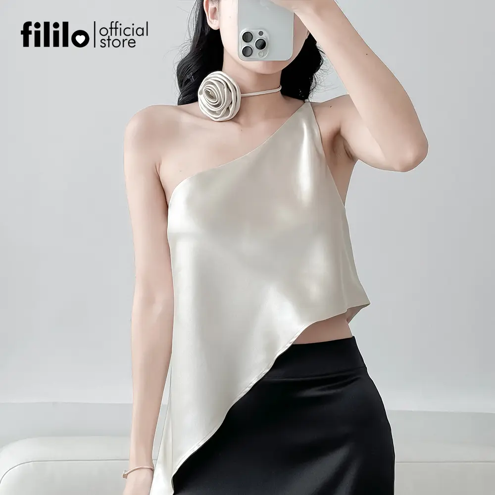 Áo Cổ Lệch Vai Chéo Tà Xéo và Choker Hoa Hồng FILILO Vải Lụa Chris Top Thiết Kế Chuẩn Form Cao Cấp