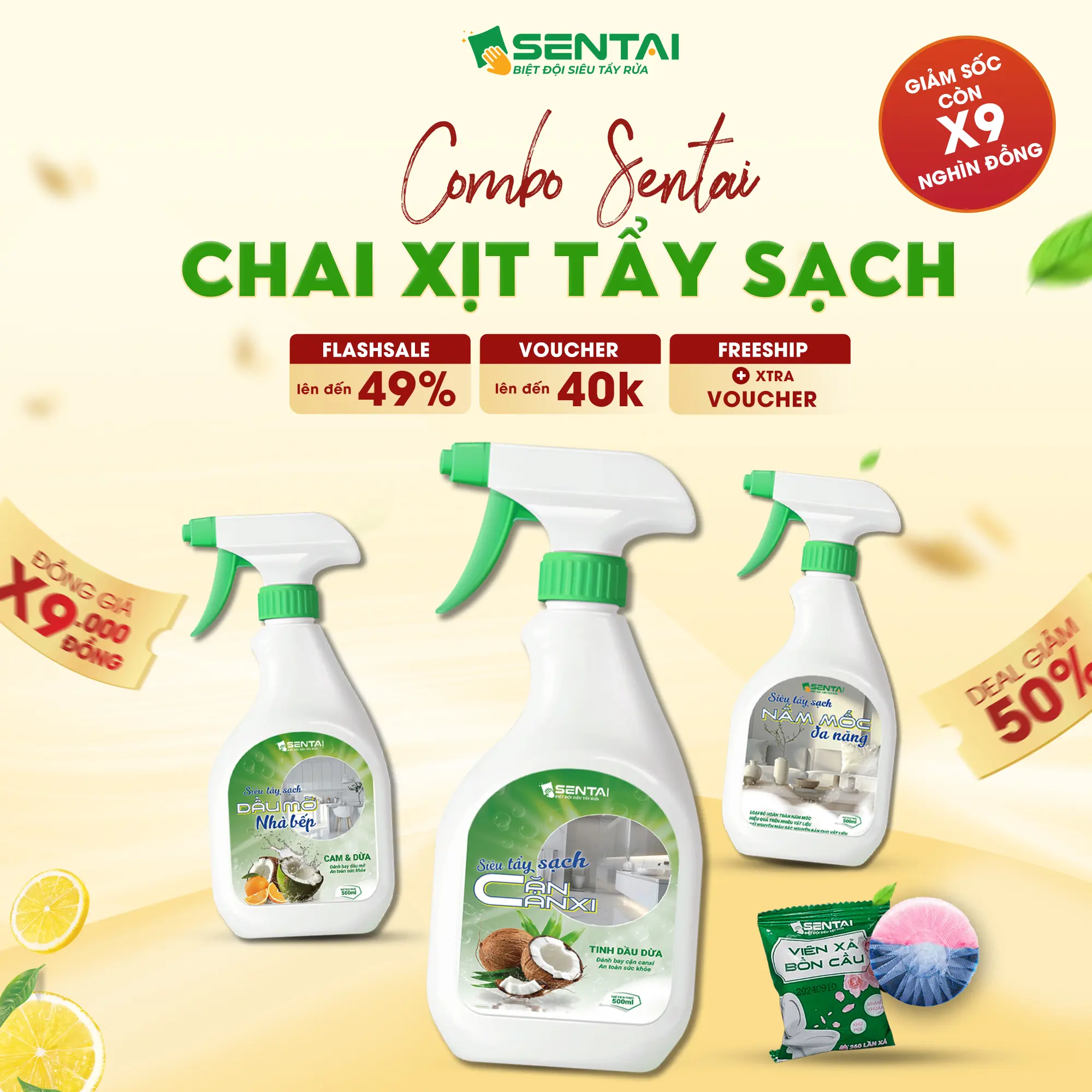 COMBO Chai Tẩy Sạch Sentai Gia Đình (Cặn canxi vòi sen, lavabo, kính nhà tắm & dầu mỡ cứng đầu thiết bị nhà bếp & nấm mốc tường, gỗ, thạch cao .v.v) và Viên thả bồn cầu hương hoa hồng khử sạch vết ô và mùi hôi