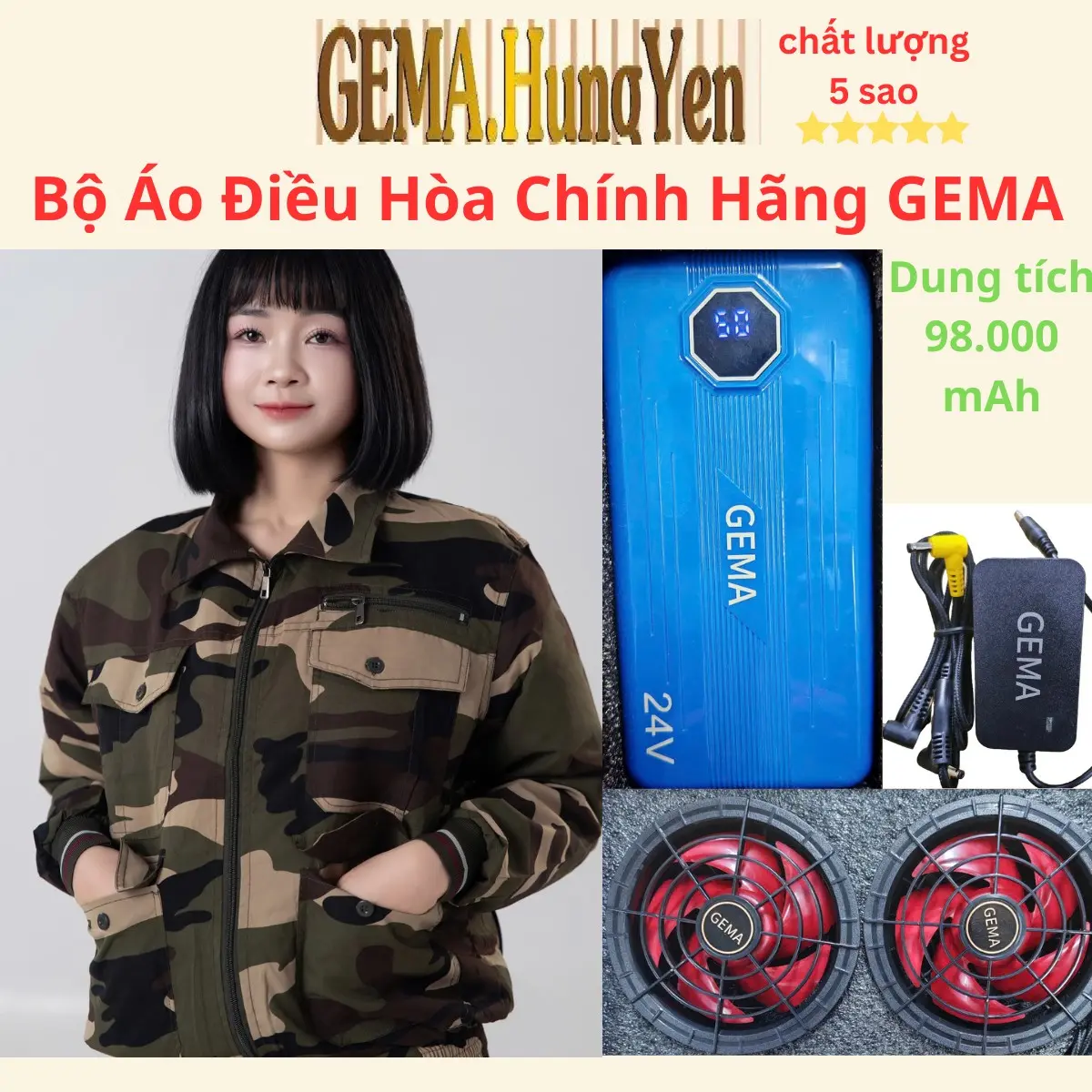 Bảo Hành 24 tháng} Bộ Áo + Pin Quạt Gió Điều Hòa GEMA làm mát 98.000Mah dùng 22-44h , Áo chất kaki cotton mềm mại giữ gió tốt. Dùng cho cả Nam và Nữ