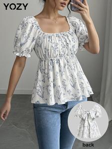 YOZY Women's Floral Print Cut Out Tie Back Blouse, Boho Fashion Casual Square Neck Top for Daily Holiday Vacation Wear, Ladies Clothes for Summer