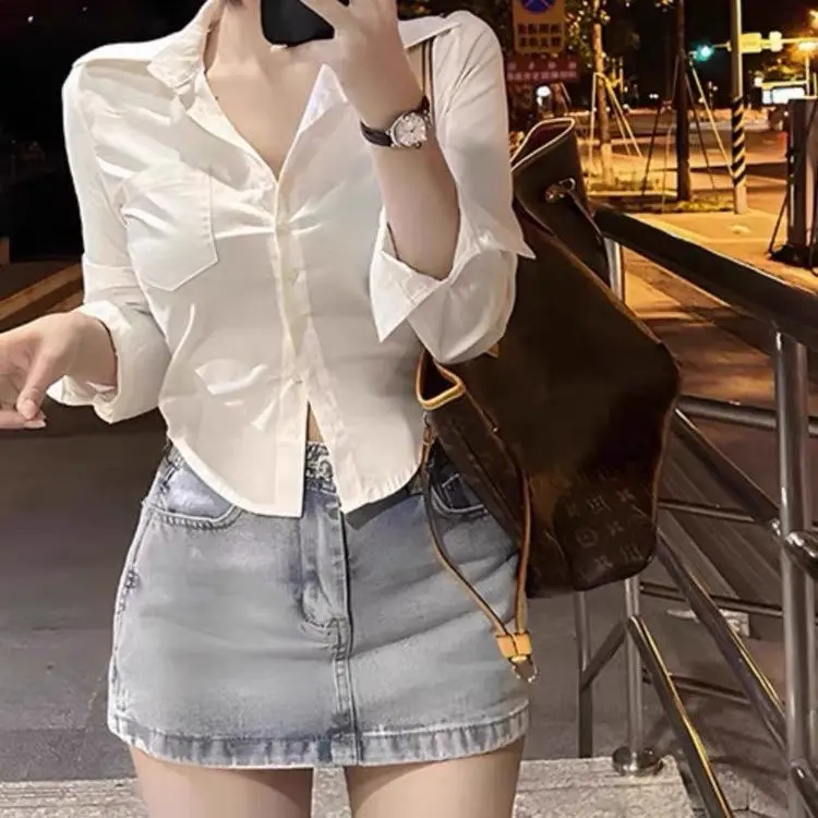 Áo Sơ Mi Dài Tay Bó Sát Eo, Phong Cách Preppy Nữ, Phong Cách Dễ Thương Và Gợi Cảm, Dễ Phối Đồ, Áo Sơ Mi Trắng, Áo Ôm Sát Bên Trong, Áo Trơn Hàng Mới Về, Bán Chạy Women Top Shirt 3