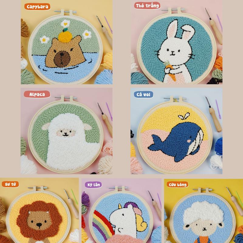 Set thêu tranh len nổi (punch needle) khung tròn nhiều mẫu dễ thương