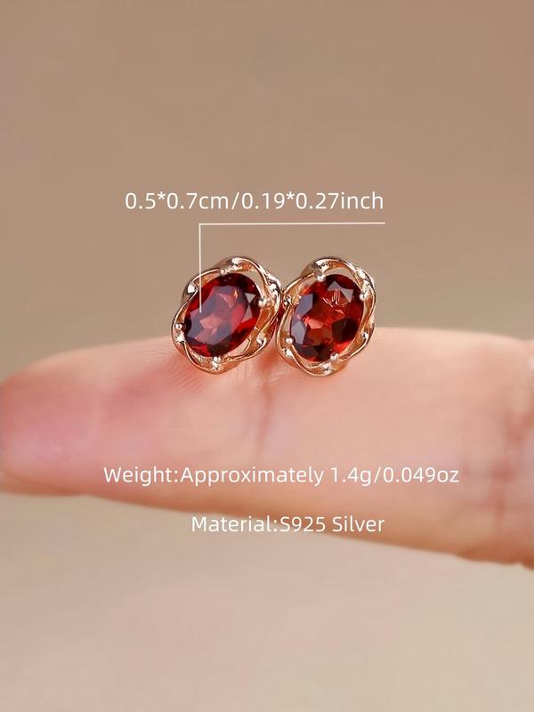 S925 Sterling Silver Natural Garnet Decorated Stud Earrings, Fashionable Earrings for Women & Girls, Trendy All-match & Exquisite Jewelry for Birthday Gift 1