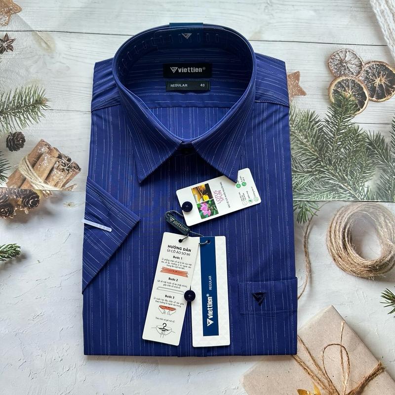 Áo sơ mi việt tiến ngắn tay vạt bầu phom regular mã 1q1233