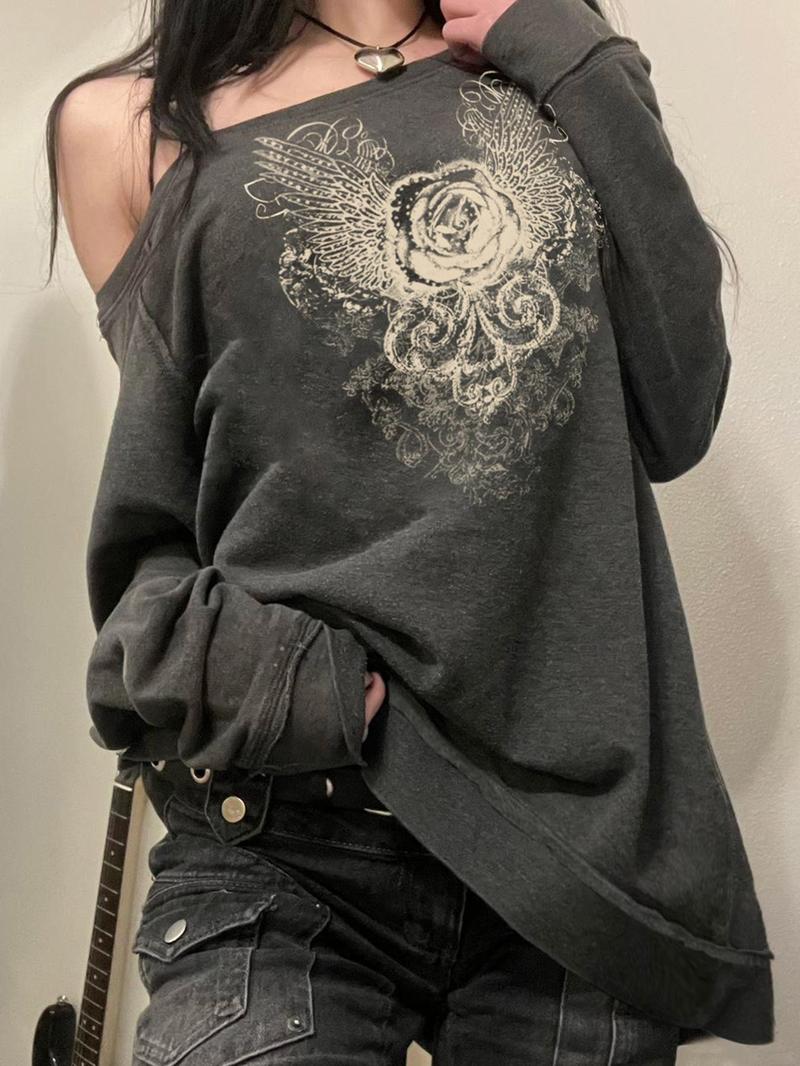 Product Introduction of Women's Floral Print Asymmetrical Neck Pullover Sweatshirt, Vintage Casual Raglan Sleeve Top for Fall & Winter, Women's Clothes for Daily Wear 11