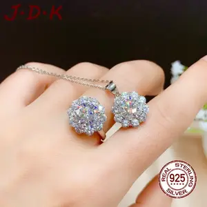 JDK 925 Perak Zircon Set Cincin Terbuka Berlian Penuh 2 Karat Kalung Gantung Wanita