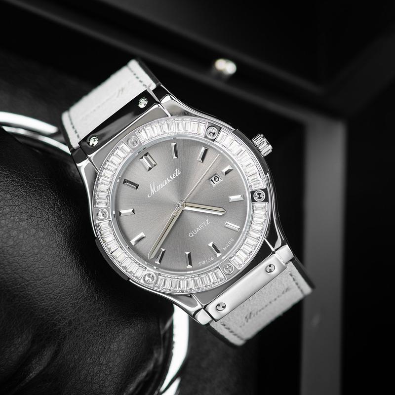 ĐỘC QUYỀN HÙNG LUXURY N169 Xám - Đồng hồ nam Mmasseti kèm hộp luxury đính đá ống sang trọng Màu xám chống nước tốt