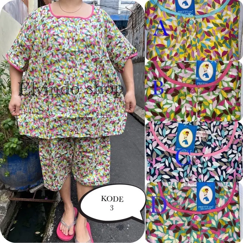 PIYAMA Setelan KULOT 3/4 JUMBO XXL LD 126CM KATUN motif bunga pretty girl 1