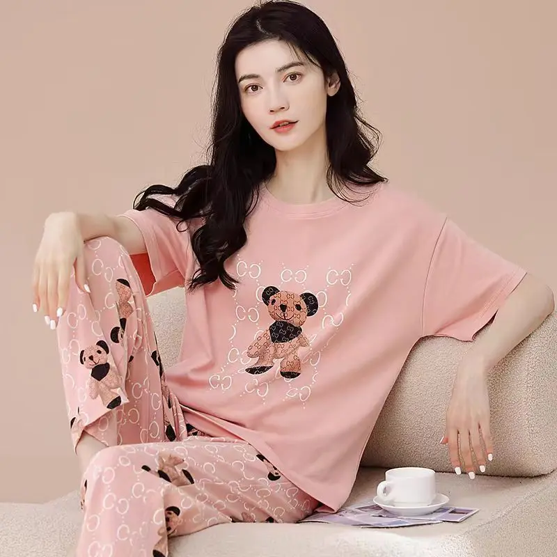 Bộ Đồ Ngủ, Hàng Mới Về Mùa Hè, Quần Dài Ngắn Tay Nữ, Thiết Kế Hoạt Hình Ngọt Ngào Và Dễ Thương, Dáng Rộng Vừa Vặn, Thích Hợp Mặc Thường Ngày Mặc Nhà, Bộ Đồ Hai Mảnh Áo Women