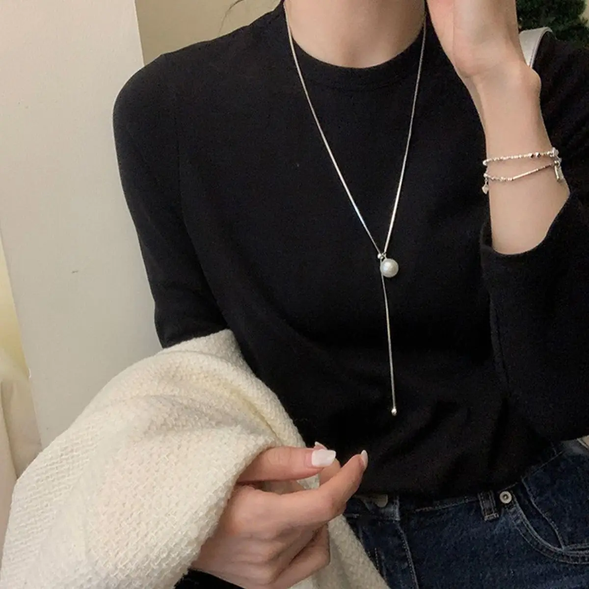 Pull Pearl Long Women's Necklace High-Grade Special-Interest Design Elegant Socialite Necklace for Girlfriend Girlfriends Gifts for Moms