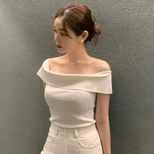 [Taeyeon - Girls' Generation] Colorful Summer Fashion Knitted T-shirt Women Sexy Off Shoulder Short Sleeve Slim Top