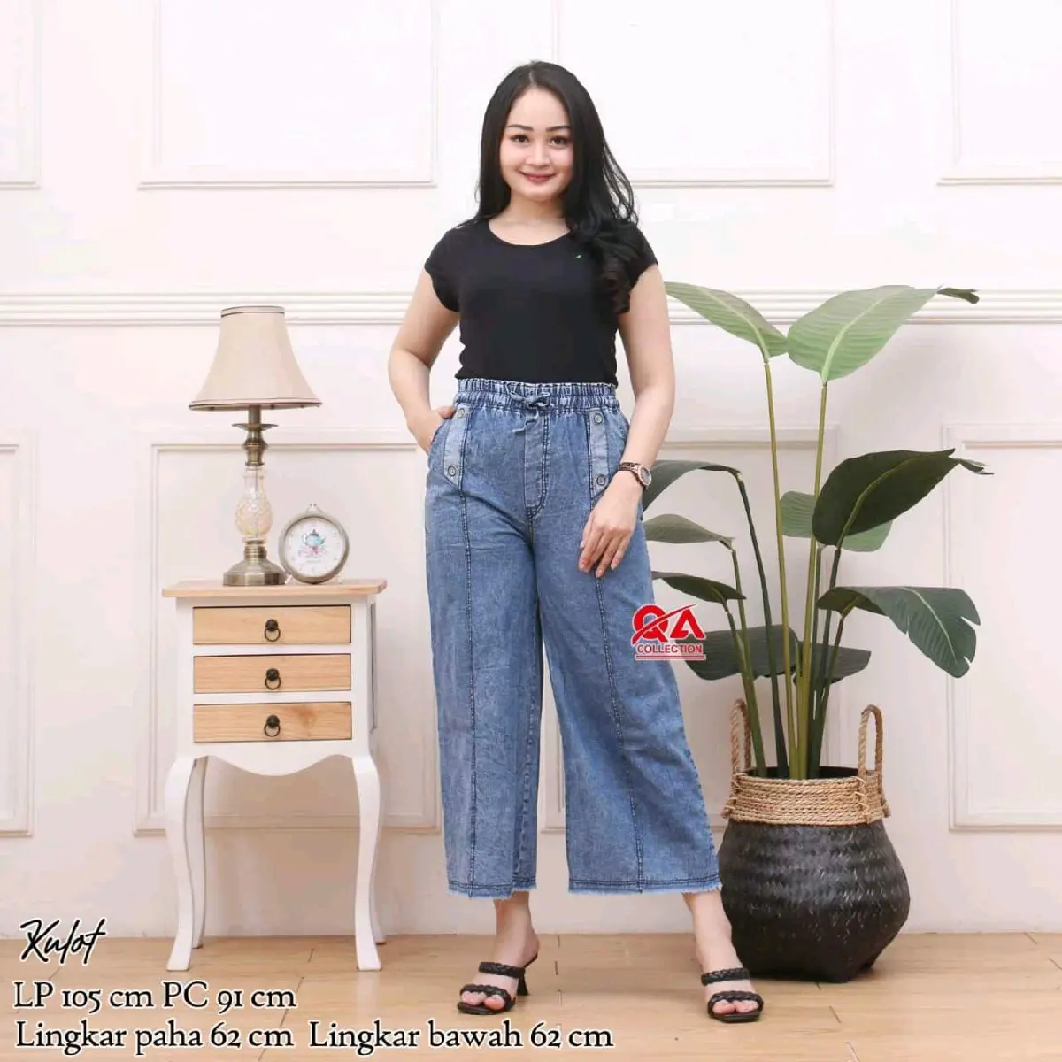 Celana Kulot Jeans Wanita Jeans Wash Lingkar Pinggang 105cm Melar Nyaman Panjang Tebal Hitam Putih