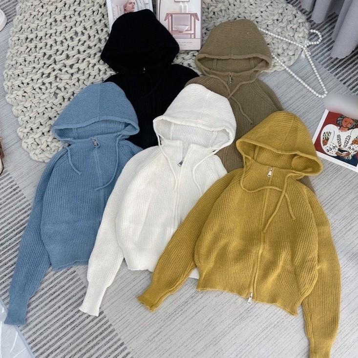 Áo khoác len có mũ dài tay vải len dệt kim khoác kéo cho nữ Top Áo Len Women Cardigan