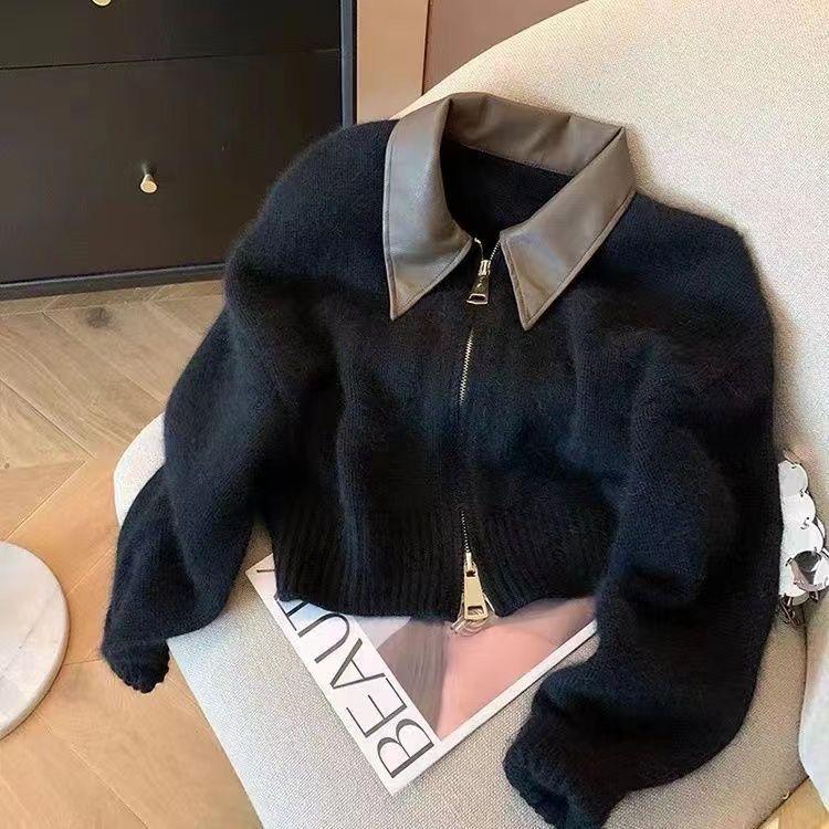 Áo Khoác Cardigan Dệt Kim, Màu Nâu, Cổ Polo, Dành Cho Nữ, Thích Hợp Cho Mùa Thu Và Mùa Đông, Lười Biếng Và Mềm Mại, Bột Mì, Khóa Kéo Đôi, Phong Cách Maillard Cổ Điển 1