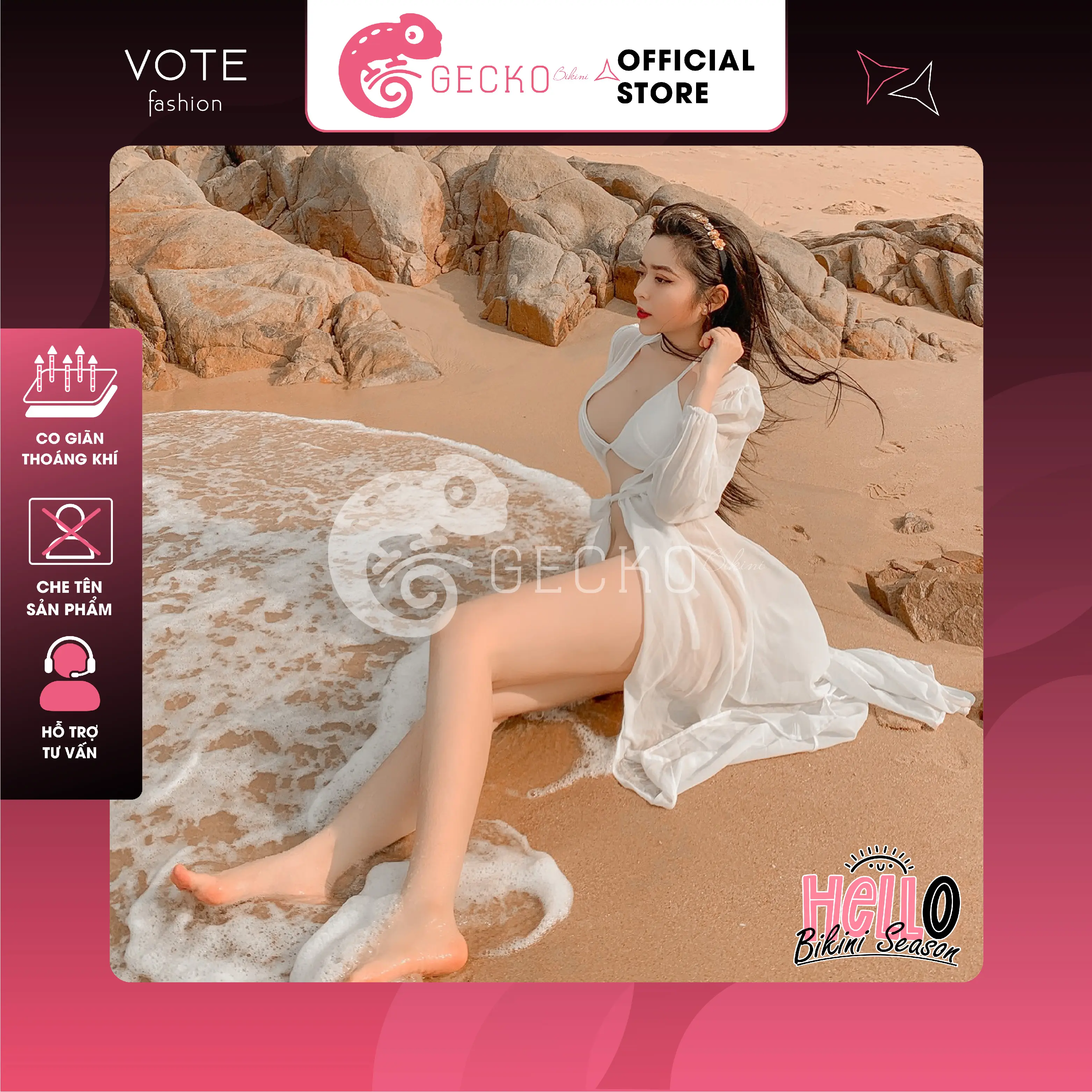Áo Choàng Váy Voan GECKO Mặc Kèm Bikini Đi Biển 3PK05 (Ảnh Thật, Kem, Dress) Nữ Women