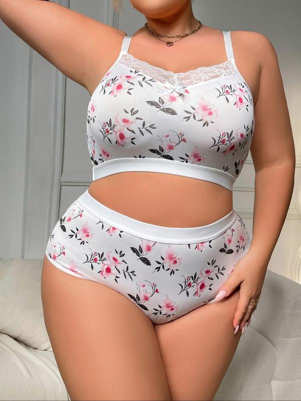 【Plus Size】 Two-Piece Set Floral Print Bow Decor Contrast Lace Bra & High Waist Panty, Adjustable Spaghetti Strap Wireless Bra & High Rise Panty, Women's Lingerie Set for All Seasons 4