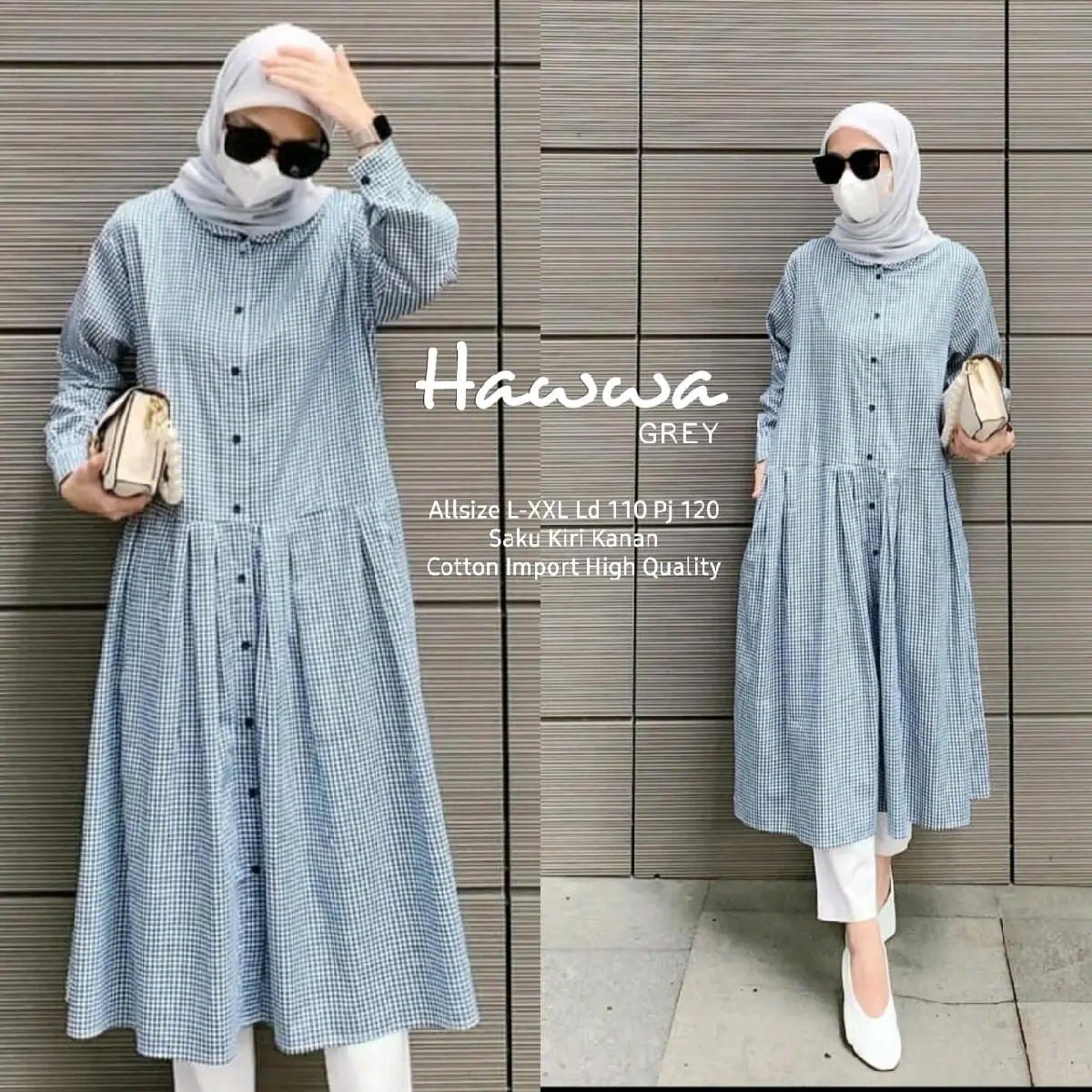 Tunik Long Hawwa Korean Style LD 110 PB 120 Kancing Depan Aktif Saku Kanan Kiri Bahan Katun Import HQ Adem Lembut Nyaman Muat Bb 70 80