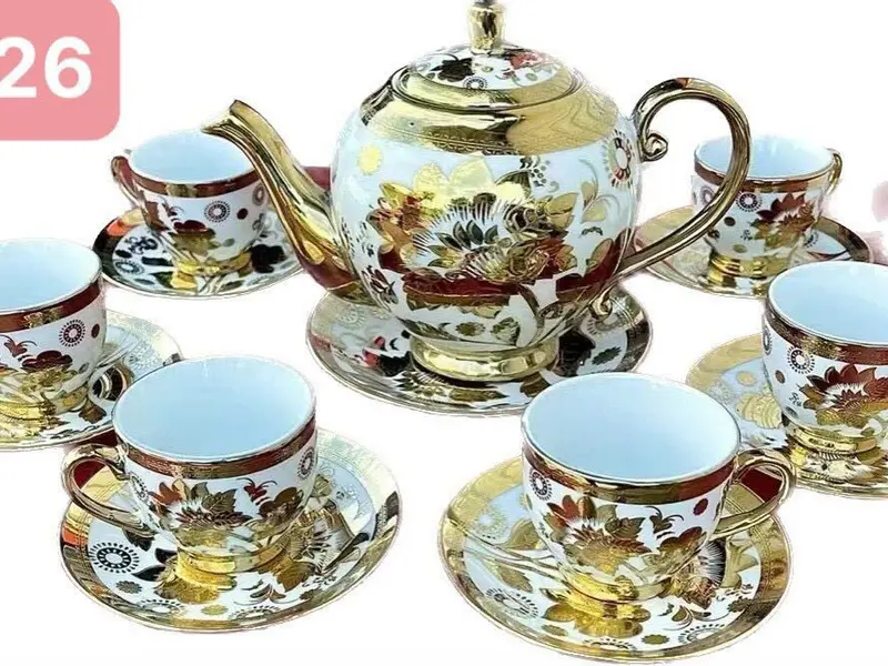 Bộ Tách Trà Nhũ Vàng Gốm Sứ Cao Cấp ( Gồm : 1 Ấm , 6 Ly, 7 Đế Sứ ) 7