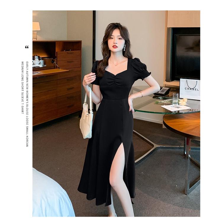 1109 đầm đen sang chảnh cổ vuông trắng dài qua gối tiệc sinh nhật váy liền thân đầm body dáng dài
