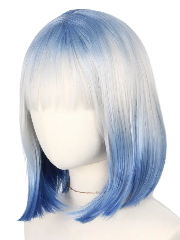 14 Inch Blue & White Short Bob Wigs for Women, Gorgeous Fluffy Wigs with Bangs, Synthetic Full Machine Wigs for Party, Daily Use 2